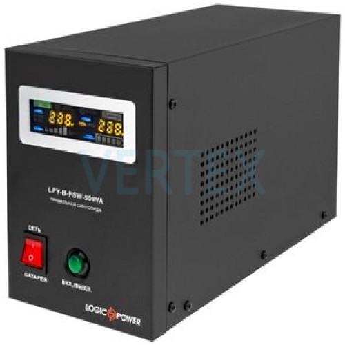 Джерело безперебійного живлення LogicPower LPY-B-PSW-500VA+ (350Вт)5A/10A, Lin.int., AVR, 2 x евро, LCD, метал, з правильною синусоїдою 12V