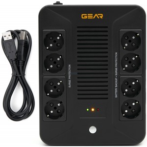 Пристрій безперебійного живлення GEAR, UPS 850VA, 510W, AVR, 8Schuko, plastic case USB+RJ45 (GU-850PLUS6)